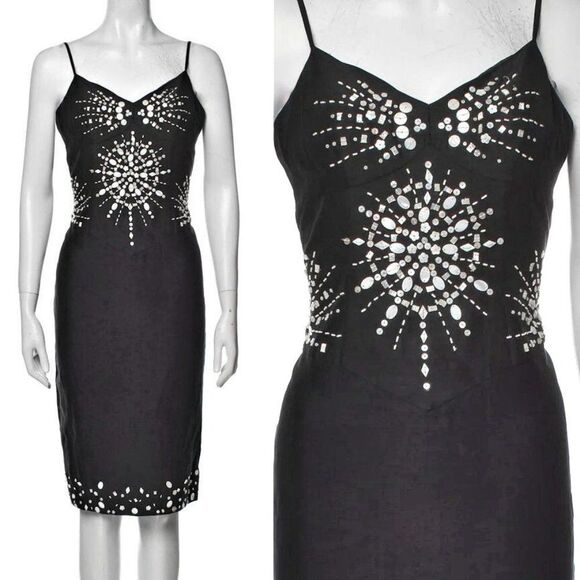 Vintage 1990s Y2K Sue Wong Silk Dress Beaded Shells Linen Siren Fairy Size 8 - Picture 1 of 13